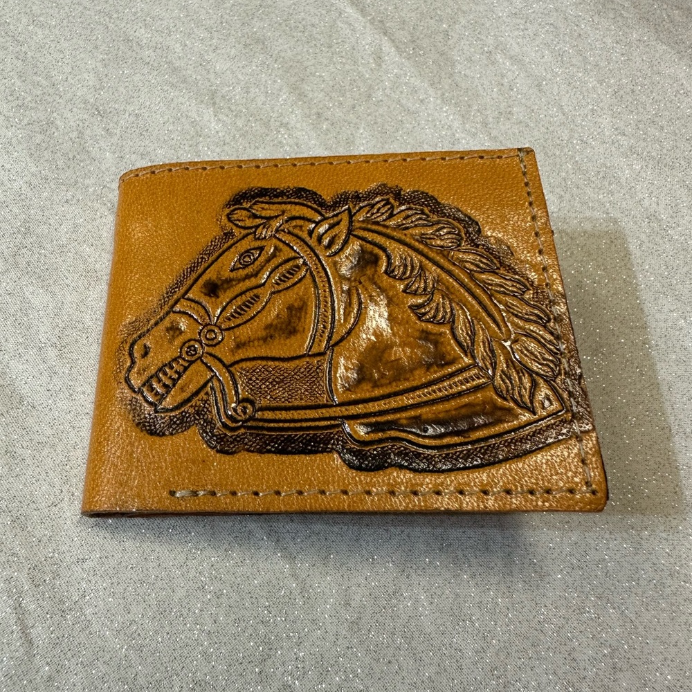 Genuine horse tooled leather western wallet tan NWOT